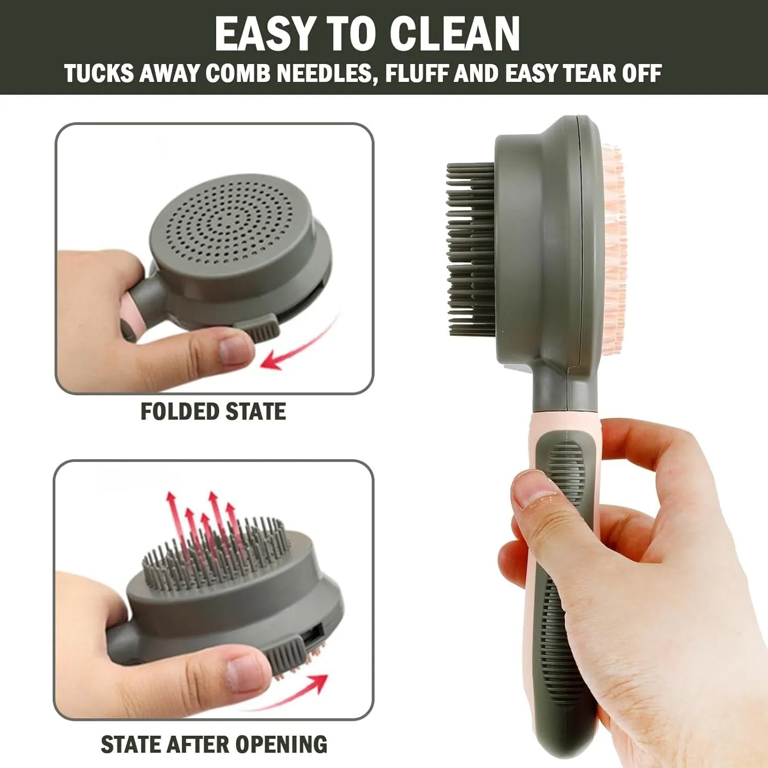 Double sided pink cat brush with release button and flea comb for grooming