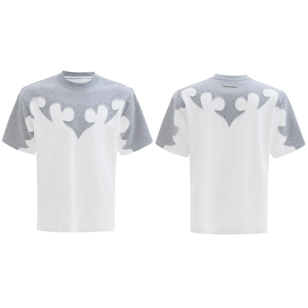 Men's short sleeve cotton shirt with burnt flower embroidery and rhinestone detailing in loose fit drop shoulder design