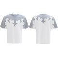 Men's short sleeve cotton shirt with burnt flower embroidery and rhinestone detailing in loose fit drop shoulder design