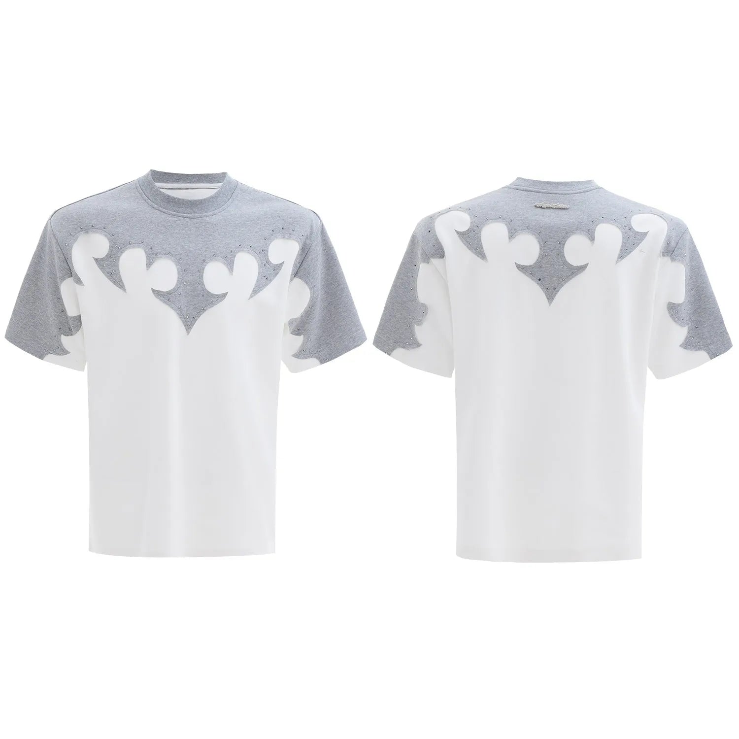 Men's short sleeve cotton shirt with burnt flower embroidery and rhinestone detailing in loose fit drop shoulder design