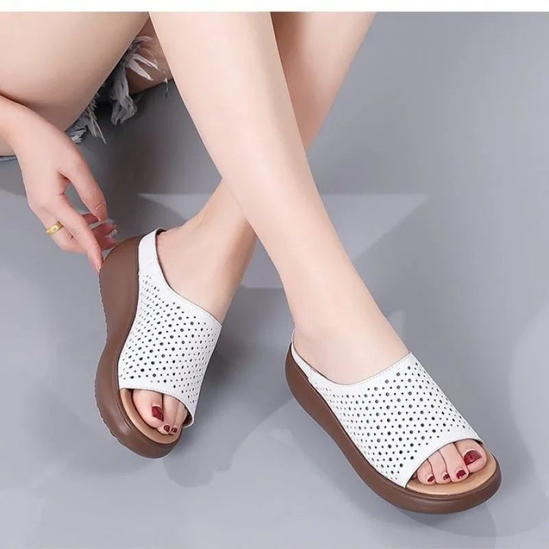 Women's peep toe open toe platform sandals with ethnic pattern, PU upper and rubber sole in beige colour