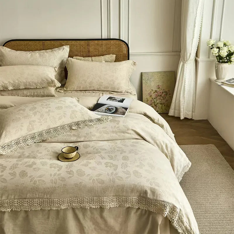 Cotton linen jacquard yarn-dyed washed four-piece bed sheet set in solid optic linen colour on a bed