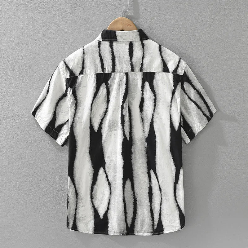 Pure cotton retro striped short sleeve shirt in loose fit cardigan style