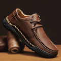 Men's genuine leather casual shoes in dark brown with front lace-up, round toe, and rubber sole