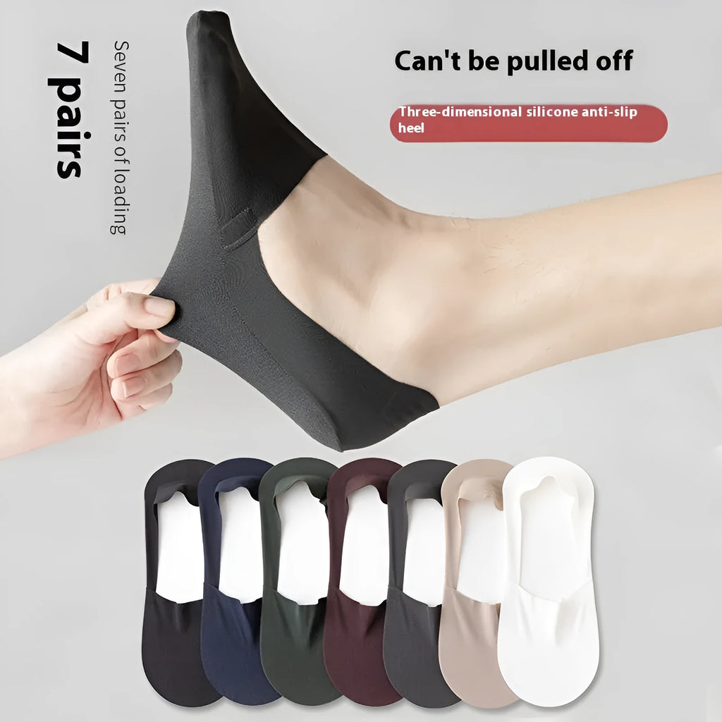 Men's invisible low cut socks with cotton bottom and ice silk, shown in black, gray, navy, khaki, white and green.