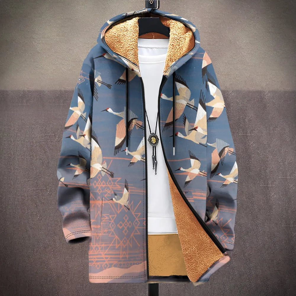 Man wearing a loose fit multicolour printed zip-up hooded cardigan in a casual setting