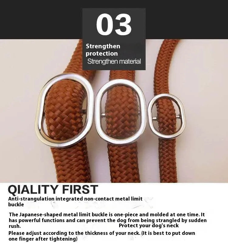 Brown nylon dog leash with P chain attachment measuring 2.1 metres in length