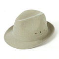 Men's classic fedora hat with thickened brim in grey suit material, shown from the side.