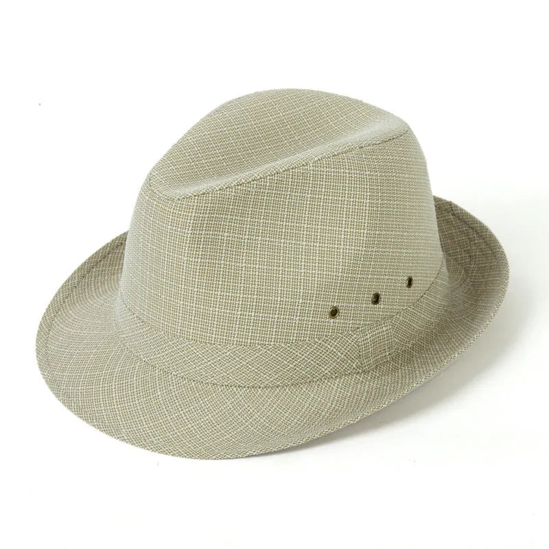 Men's classic fedora hat with thickened brim in grey suit material, shown from the side.