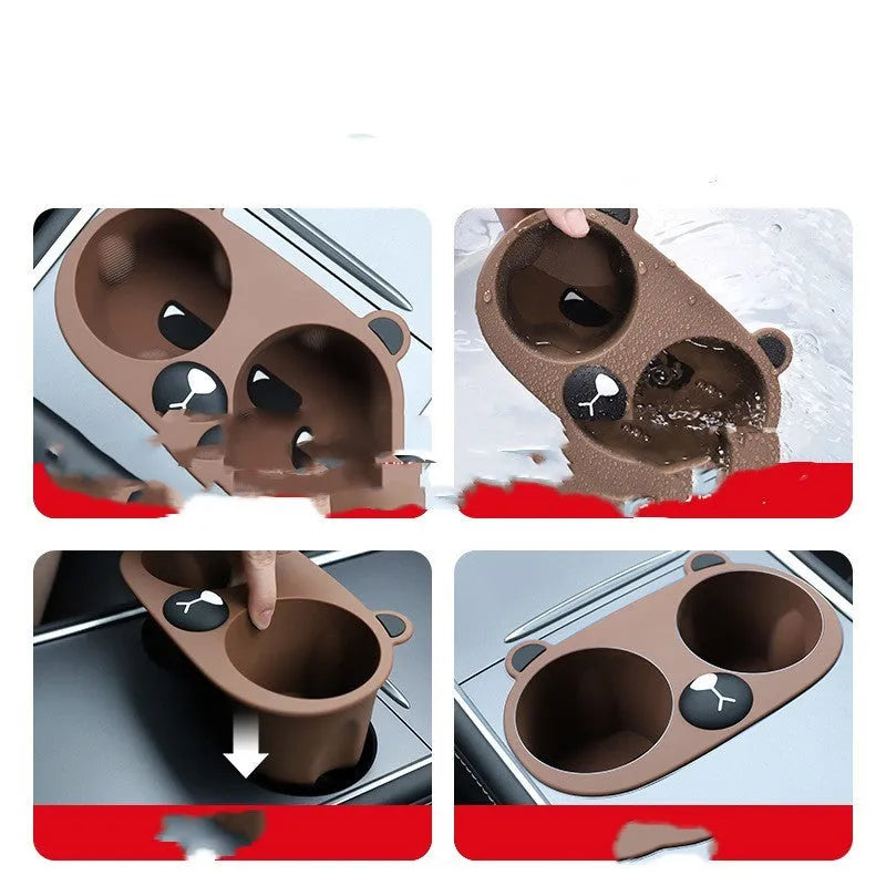 Grey, tan, and pink silicone car cup holder limiter inserts for the centre console