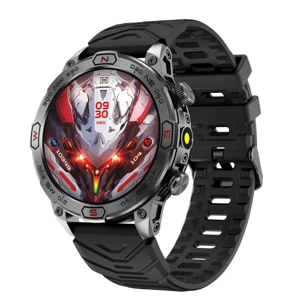 Sports smartwatch with AMOLED display in black, orange, or camouflage colours showing fitness metrics