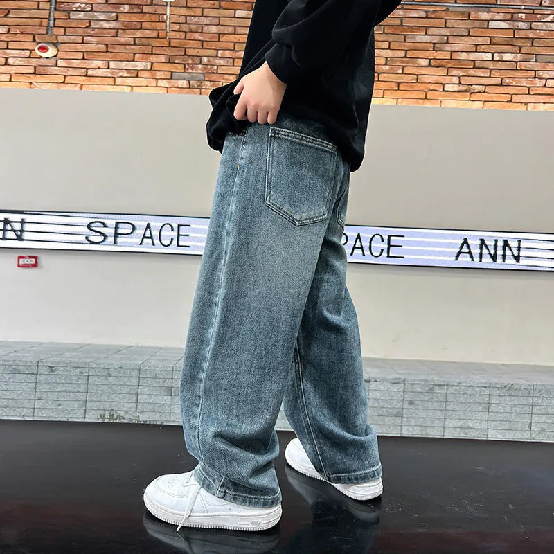 Men's straight loose blue denim jeans solid colour cotton trousers height 120cm to 170cm