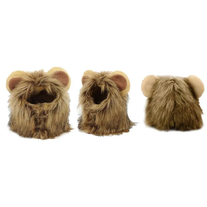 Lion mane wig for cats on a pet, showing fluffy artificial hair and plush ears with an adjustable band.