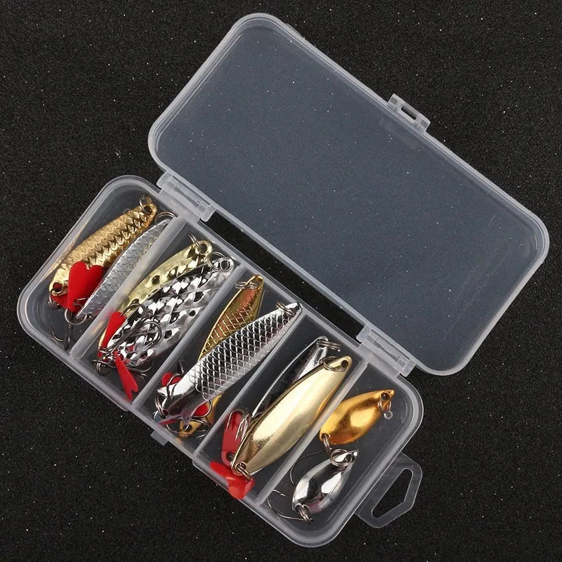 Box of gold and silver metal sequins for fishing lure repair and customisation.