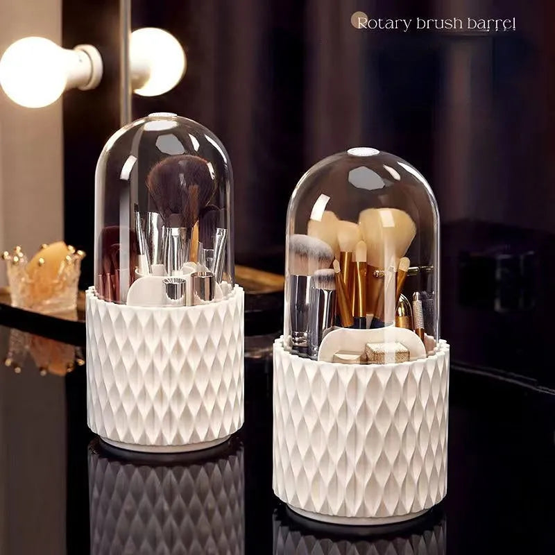 White transparent acrylic rotating makeup brush storage holder with dust-proof lid on desktop