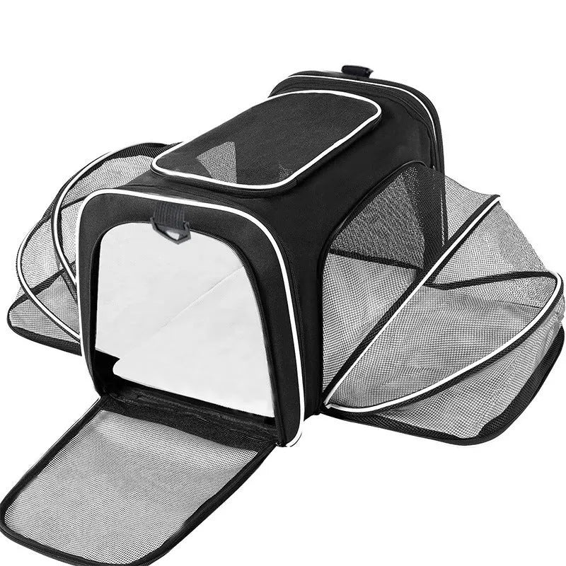 Cat carrier bag in black or grey with colour piping, made from 600D cation fabric