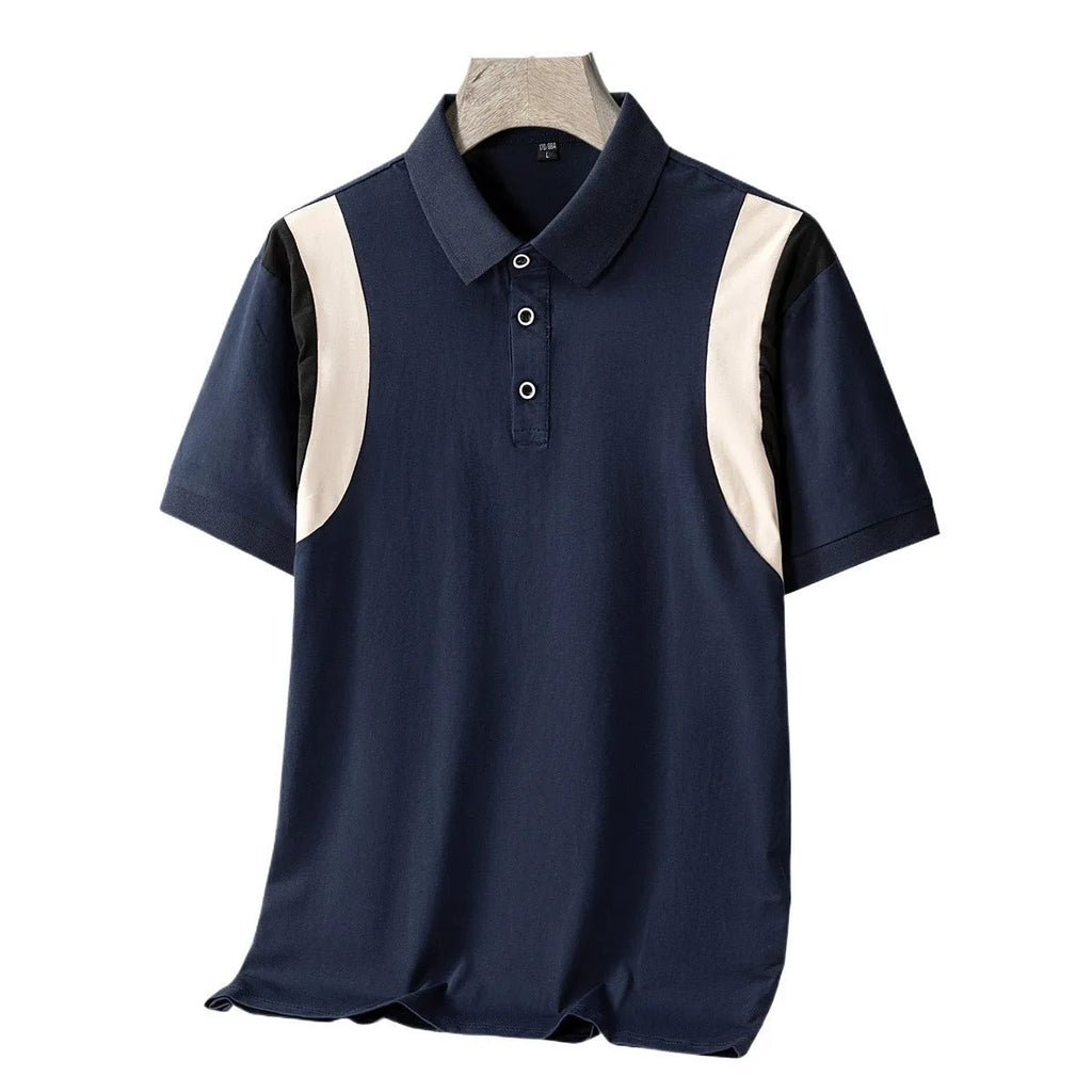 Men's striped cotton short-sleeve T-shirt with lapel collar in loose Korean fit