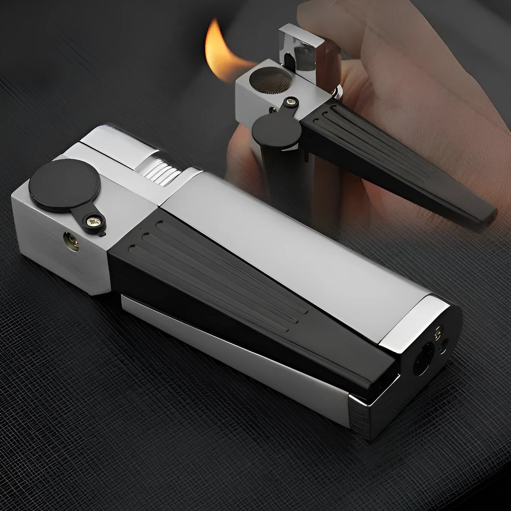Silver foldable metal pipe lighter showing open flame and stash compartment.