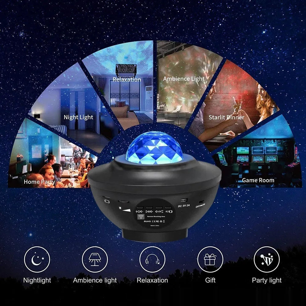 Black parallel style starry sky projection lamp with Bluetooth and rotating water ripple effects