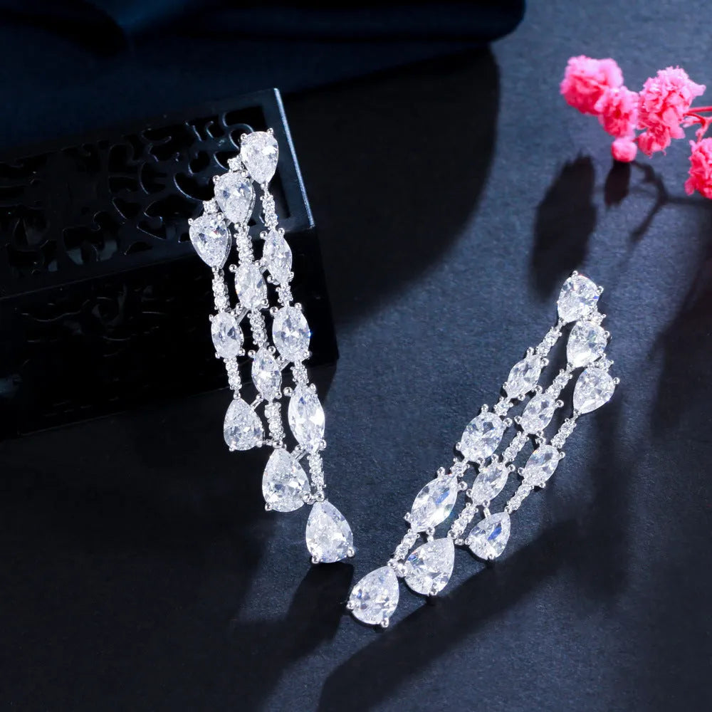Sterling silver needle teardrop earrings with full drill AAA+ zircon micro-pave setting 4.9 cm length