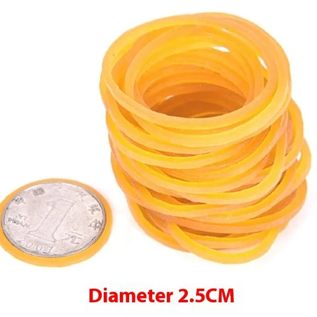 500g bulk pack of yellow rubber bands in various diameters including 25mm and 50mm for office use
