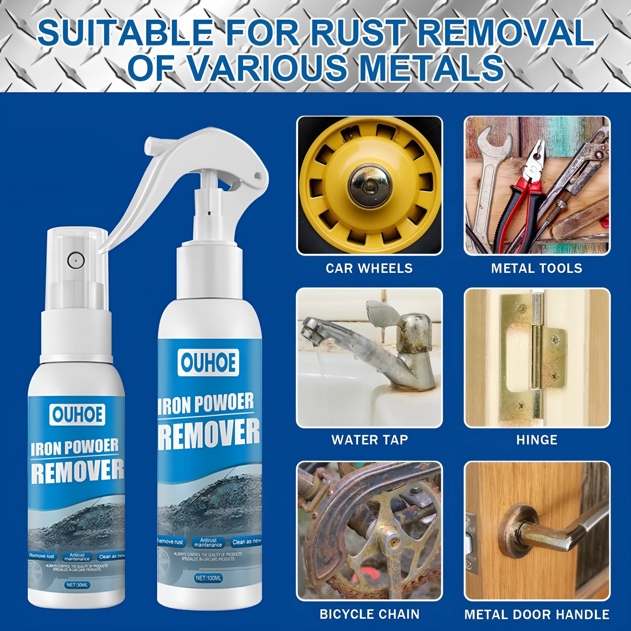 Car iron remover spray bottle in 30ml and 100ml sizes with blue square sponge applicator
