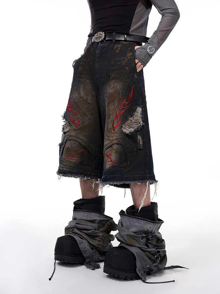 Men's wide leg retro jeans with detachable trousers legs in mid-high waist denim