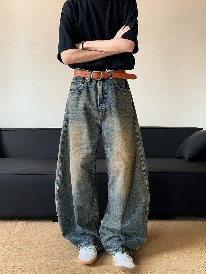 Men's retro blue distressed denim wide-leg pants with micro-elastic fabric