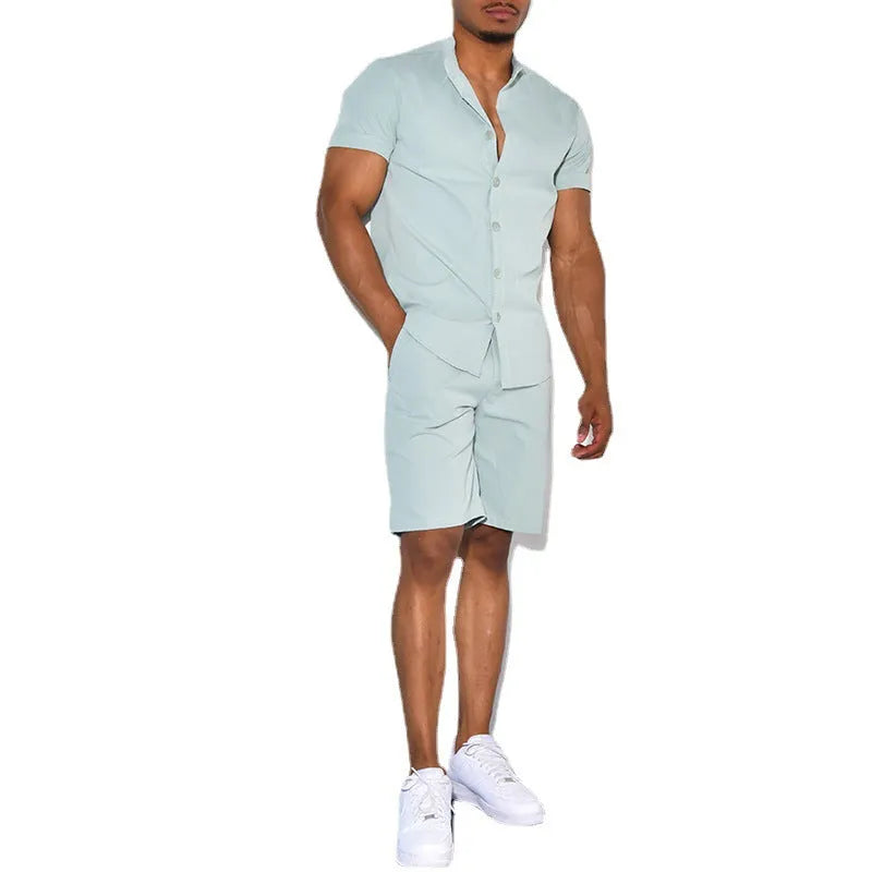 Men's two-piece short sleeve suit set with polyester shirt and shorts in khaki, white, and light blue