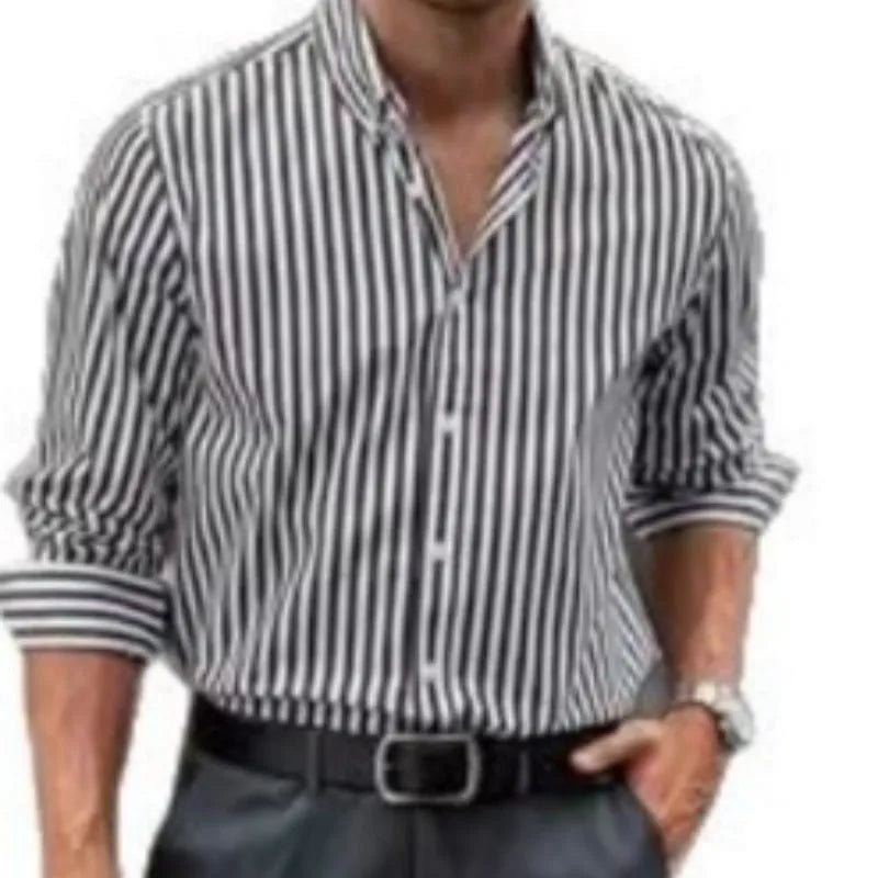 Men's loose-fit striped cardigan style button shirt in khaki, made from polyester fibre, with long sleeves