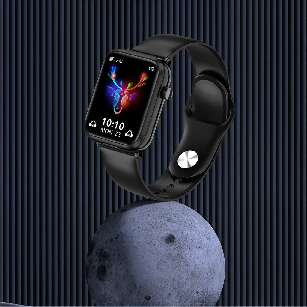 Black all-touch smart watch body with zinc alloy frame and 1.69 inch screen showing fitness data