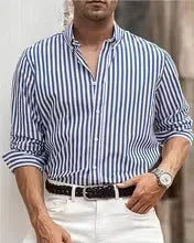 Men's loose-fit striped cardigan style button shirt in khaki, made from polyester fibre, with long sleeves