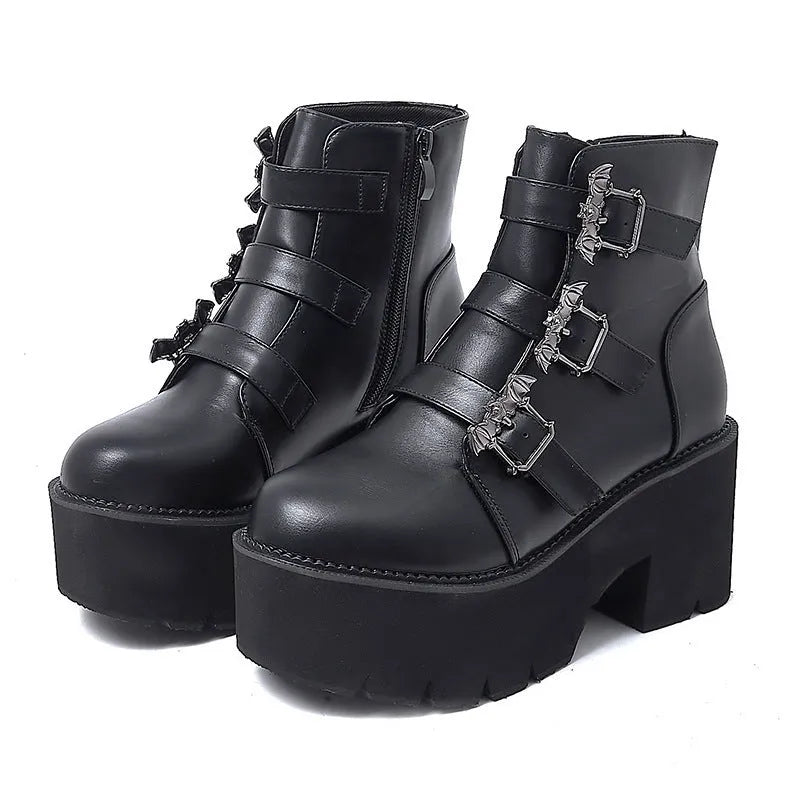 Black women's Harajuku punk gothic Martin boots with bat buckle, platform sole, and side zip.
