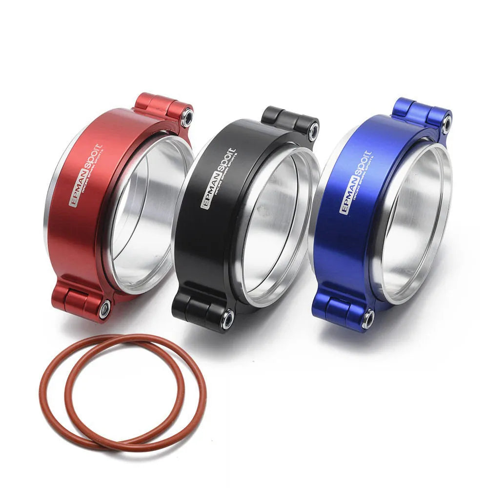 Aluminium exhaust clamp for turbocharged car modifications in black, blue or red