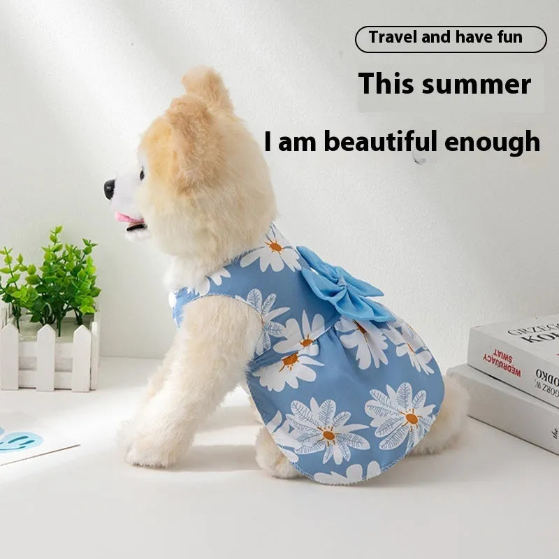 Ultra-thin floral butterfly knot princess dress for a dog or cat on a summer day.