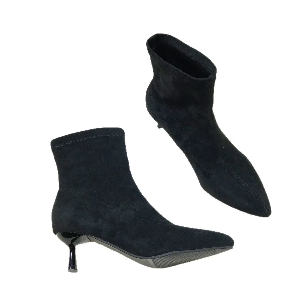 Black pointed toe women's ankle boot with high stiletto heel and mid-calf shaft on a plain background.