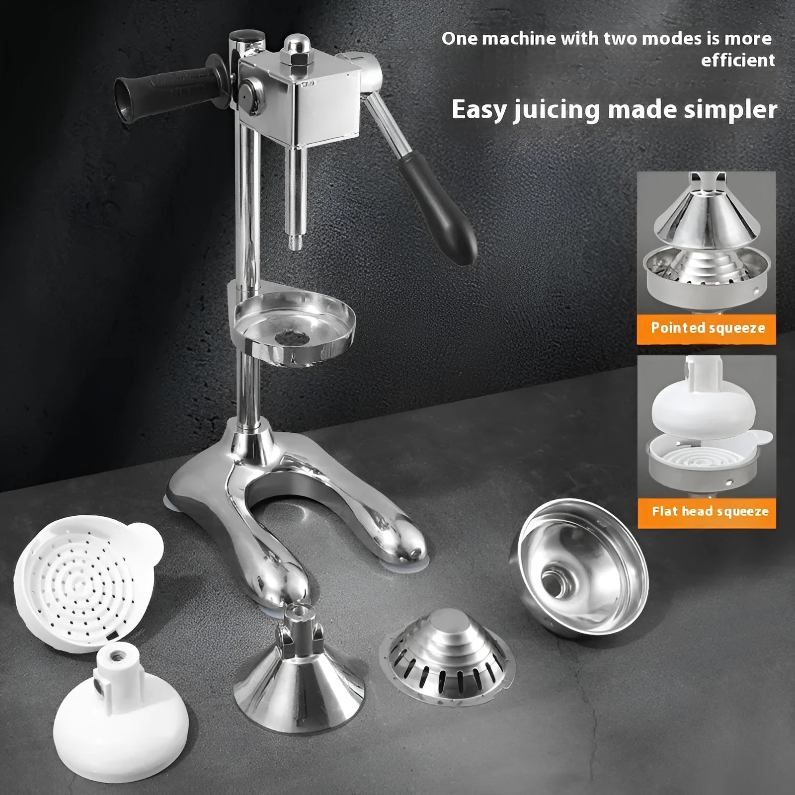 Vertical manual stainless steel juicer with zinc alloy body available in multiple colours and head styles for fruit extraction