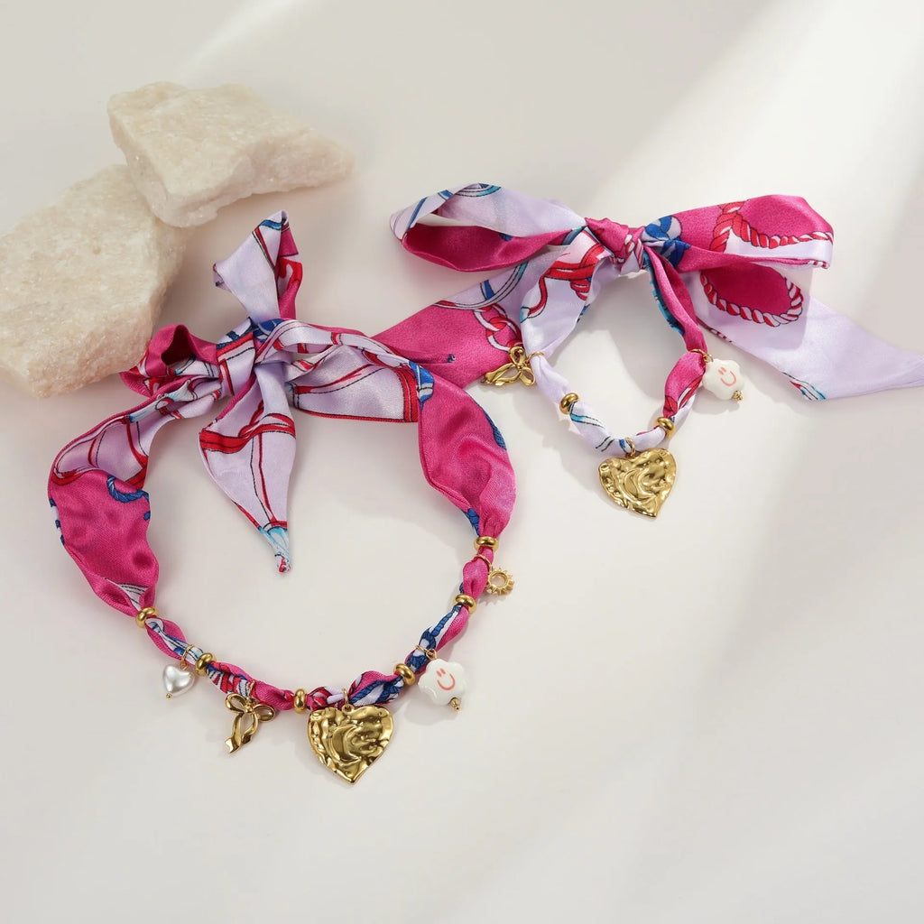 Stainless steel necklace and bracelet set with colourful silk scarf print pendant on geometric chain