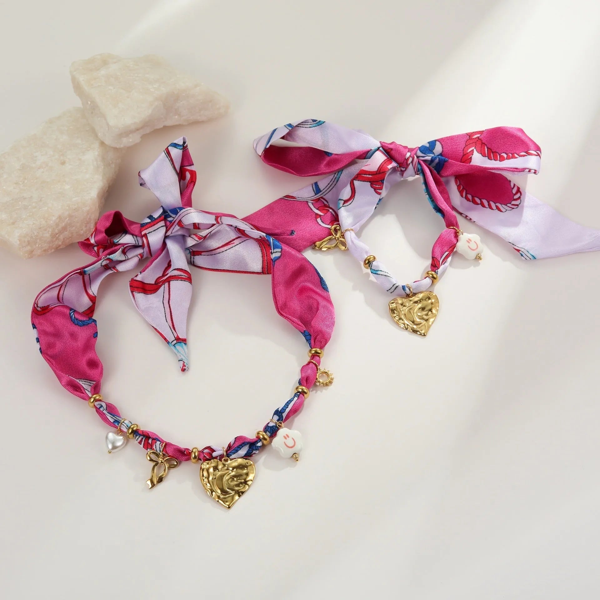 Stainless steel necklace and bracelet set with colourful silk scarf print pendant on geometric chain