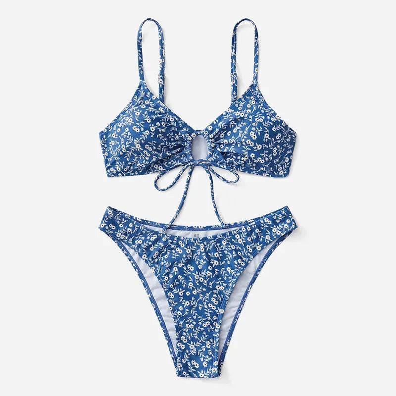 Blue polyester three-piece swimsuit without steel rings, showing top and shorts