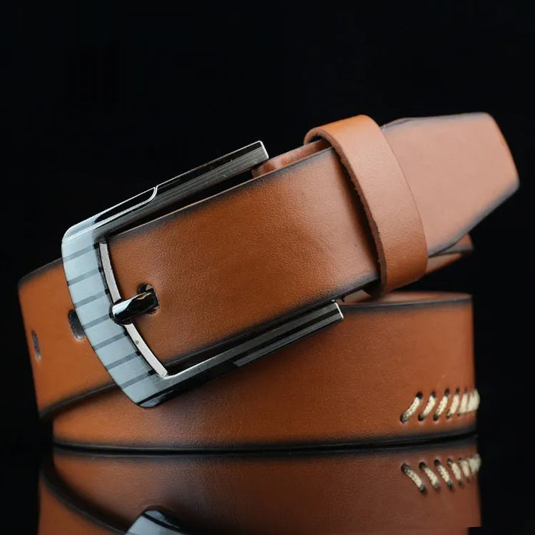 Men's retro pattern belt with alloy pin buckle in black, brown and white colour options