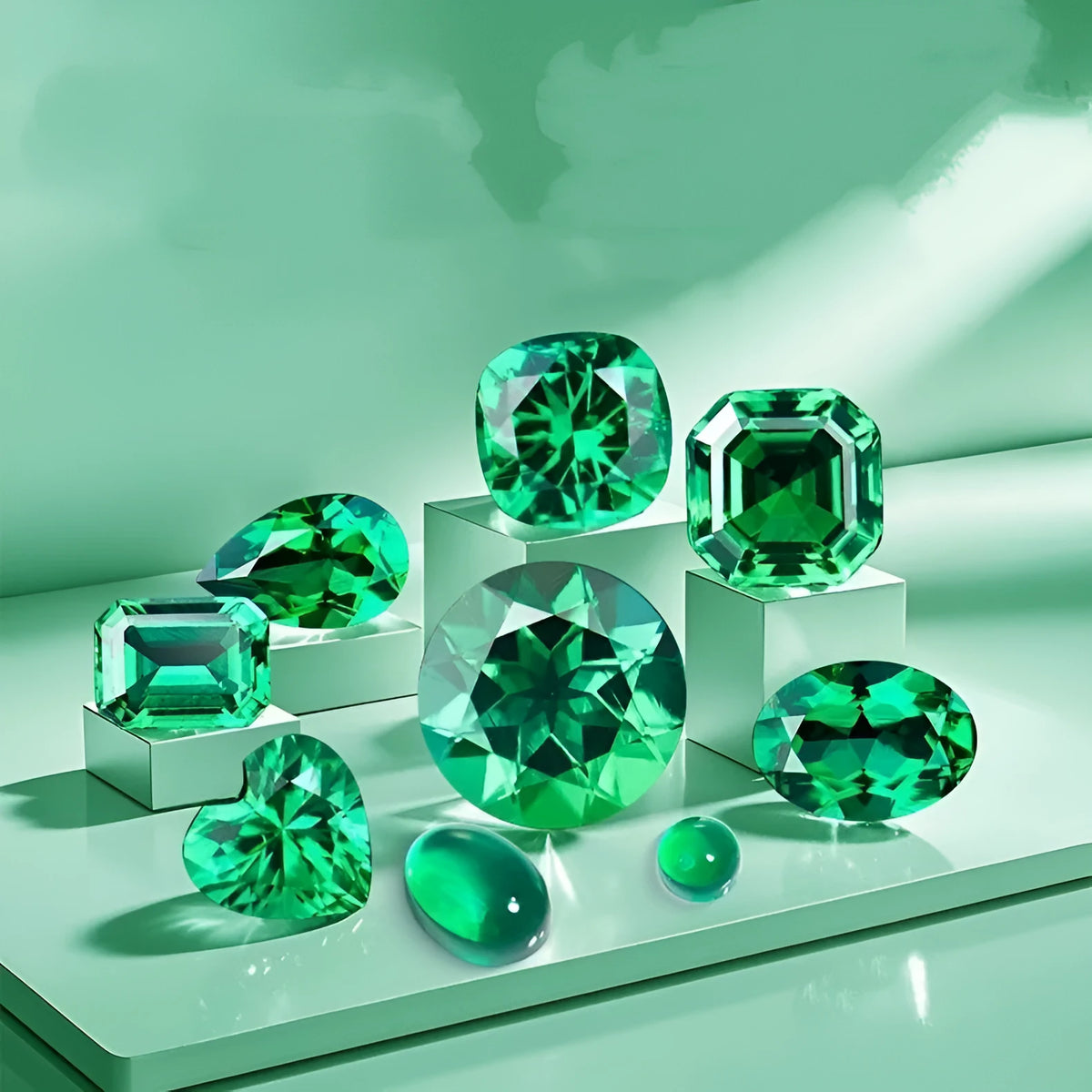 Columbia green cultivated emerald gemstones in multiple geometric cuts and sizes for jewellery making