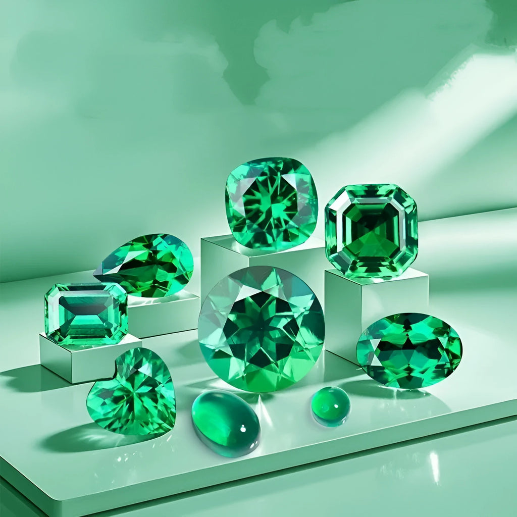 Columbia green cultivated emerald gemstone in a selection of cuts including round, princess, heart, and asche.