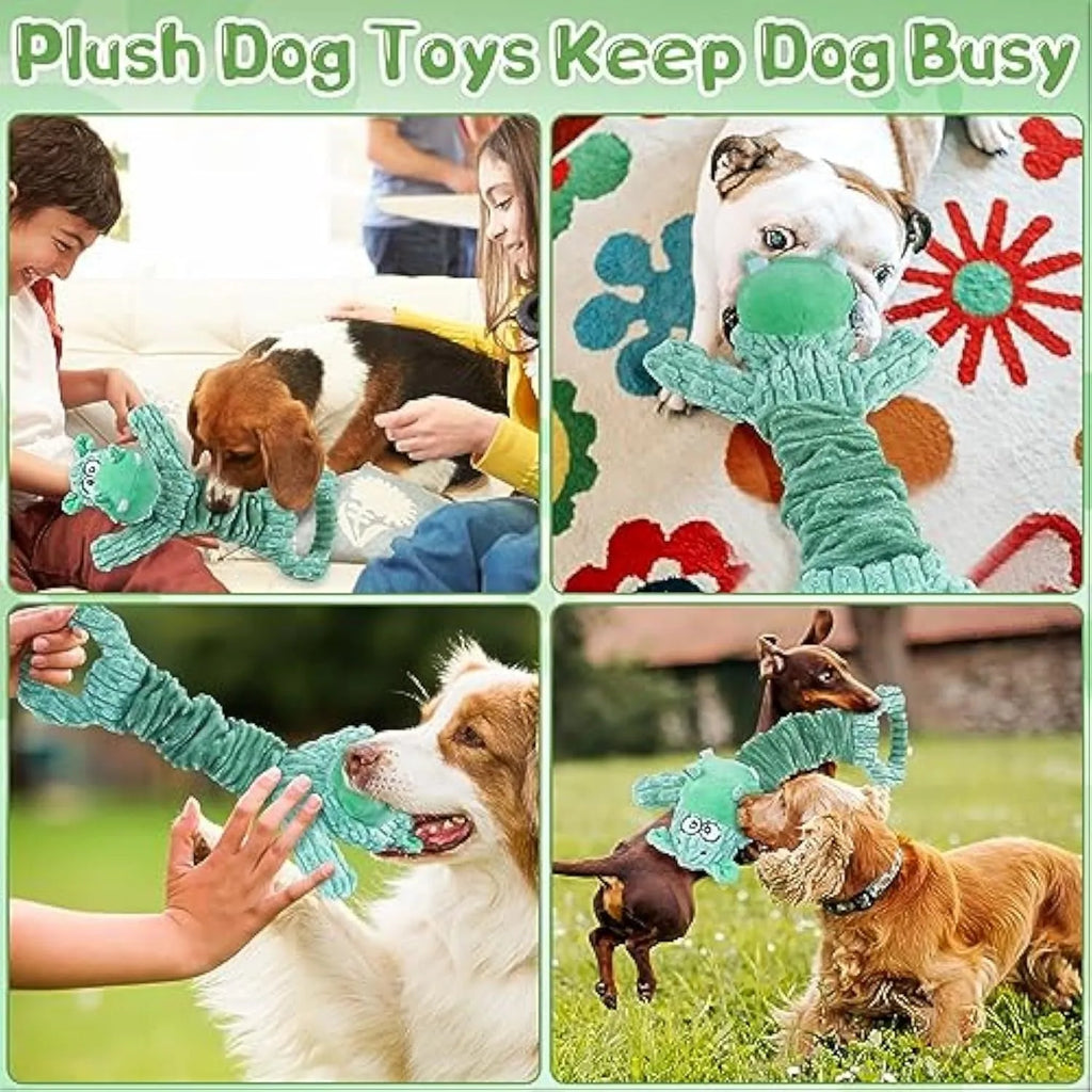 Large soft plush dog toy shaped like a hippo or monkey with a telescopic handle at the base