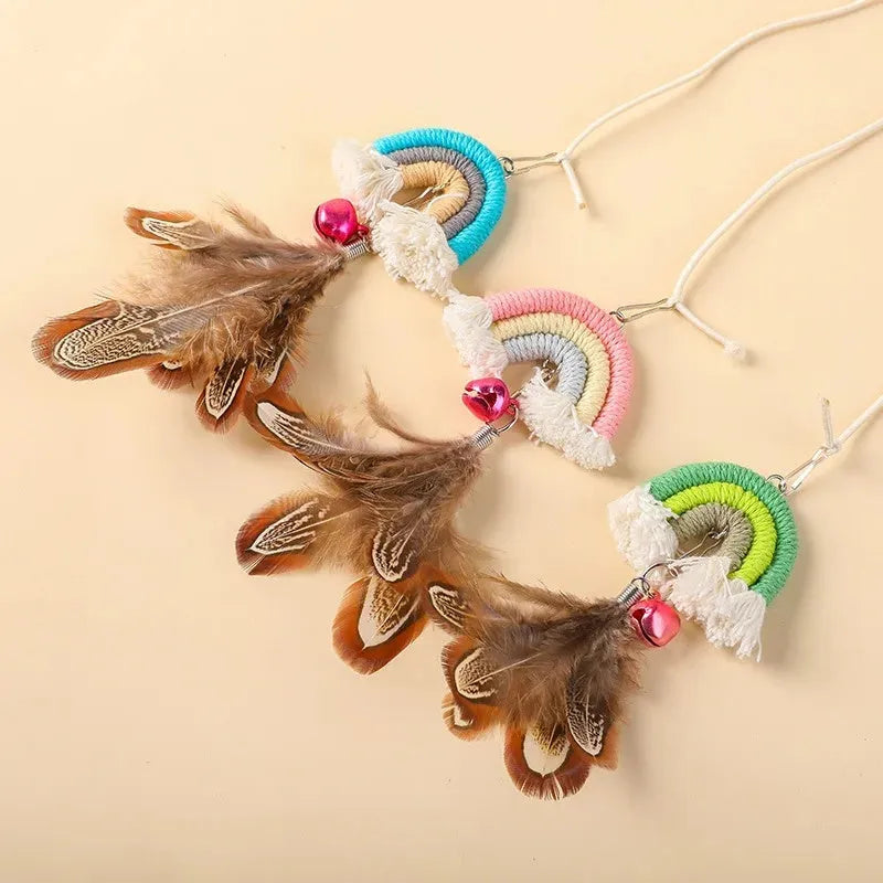 Blue feather cat rope door swing toy with elastic cord and sticky buckle clamp attached to door