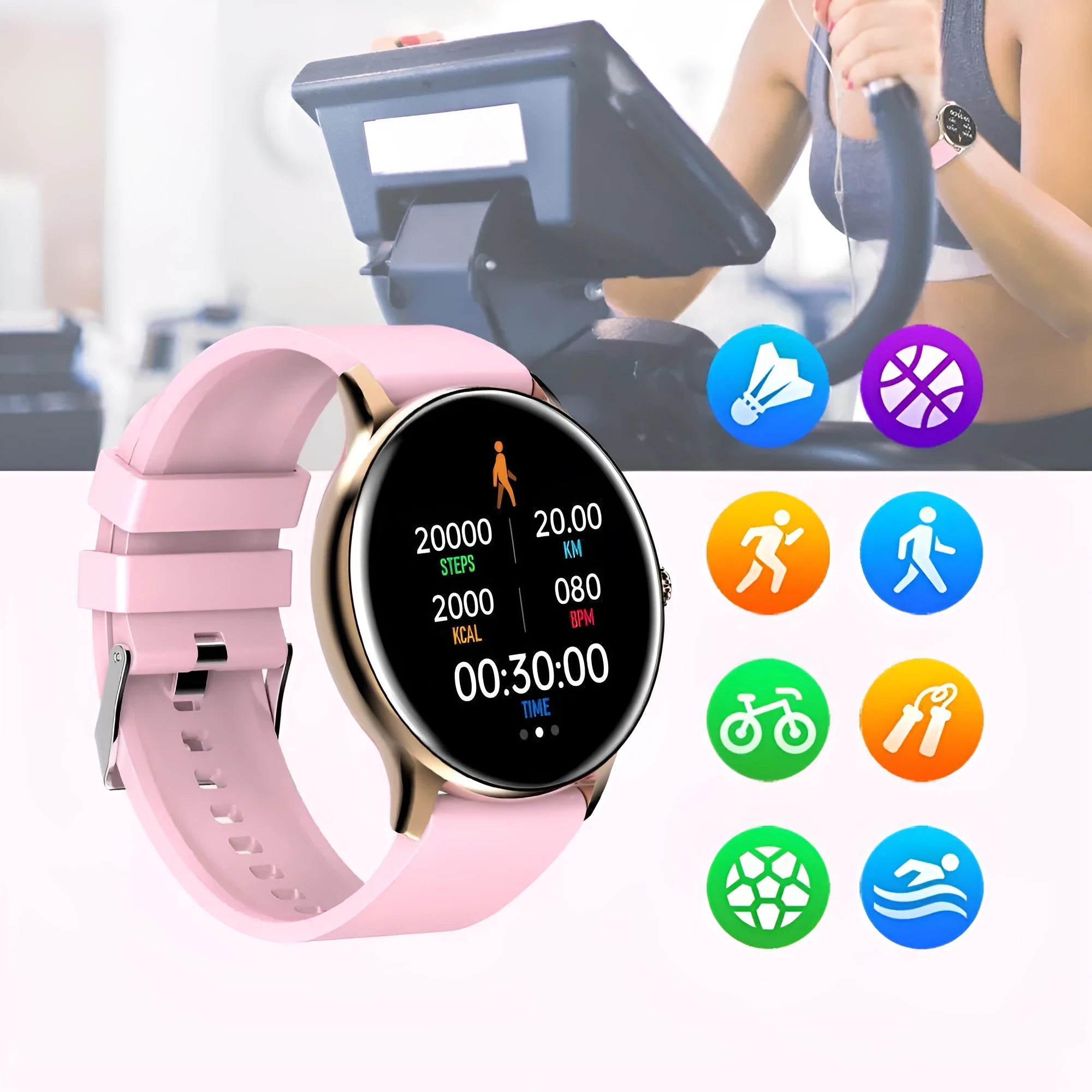 Black smart Bluetooth sports watch body with 1.28 inch screen and silicone wristband showing health monitoring interface