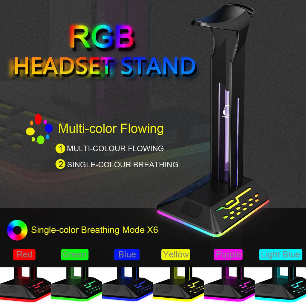 RGB headphone display stand with dual USB ports and acrylic panel in black colour variant