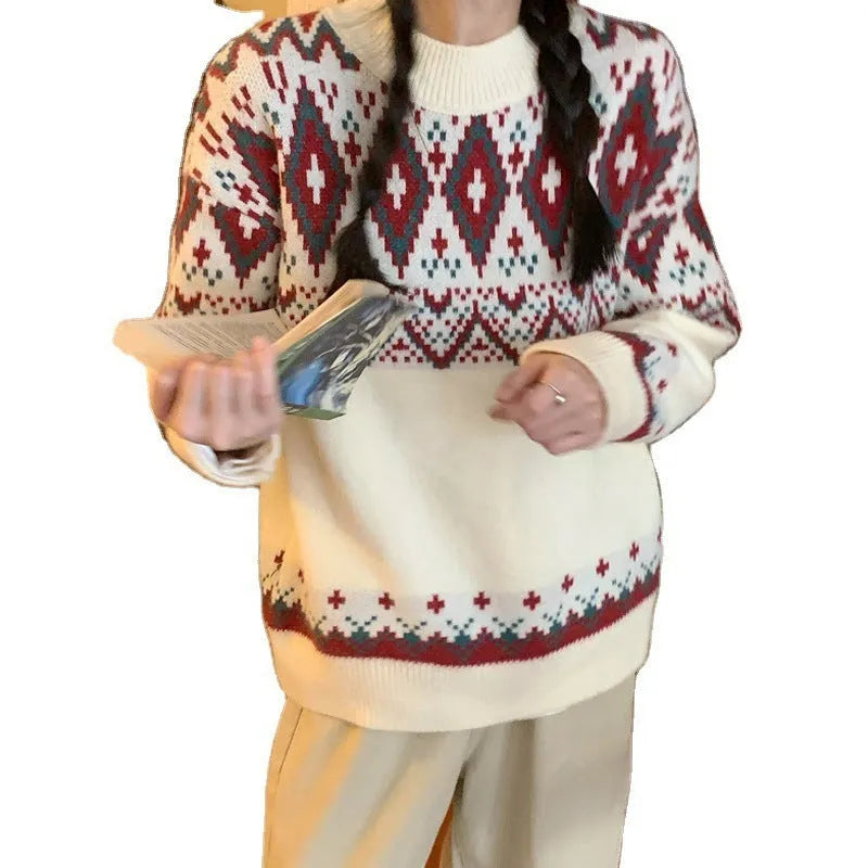 Loose striped pullover knitted top in polyester with long sleeves