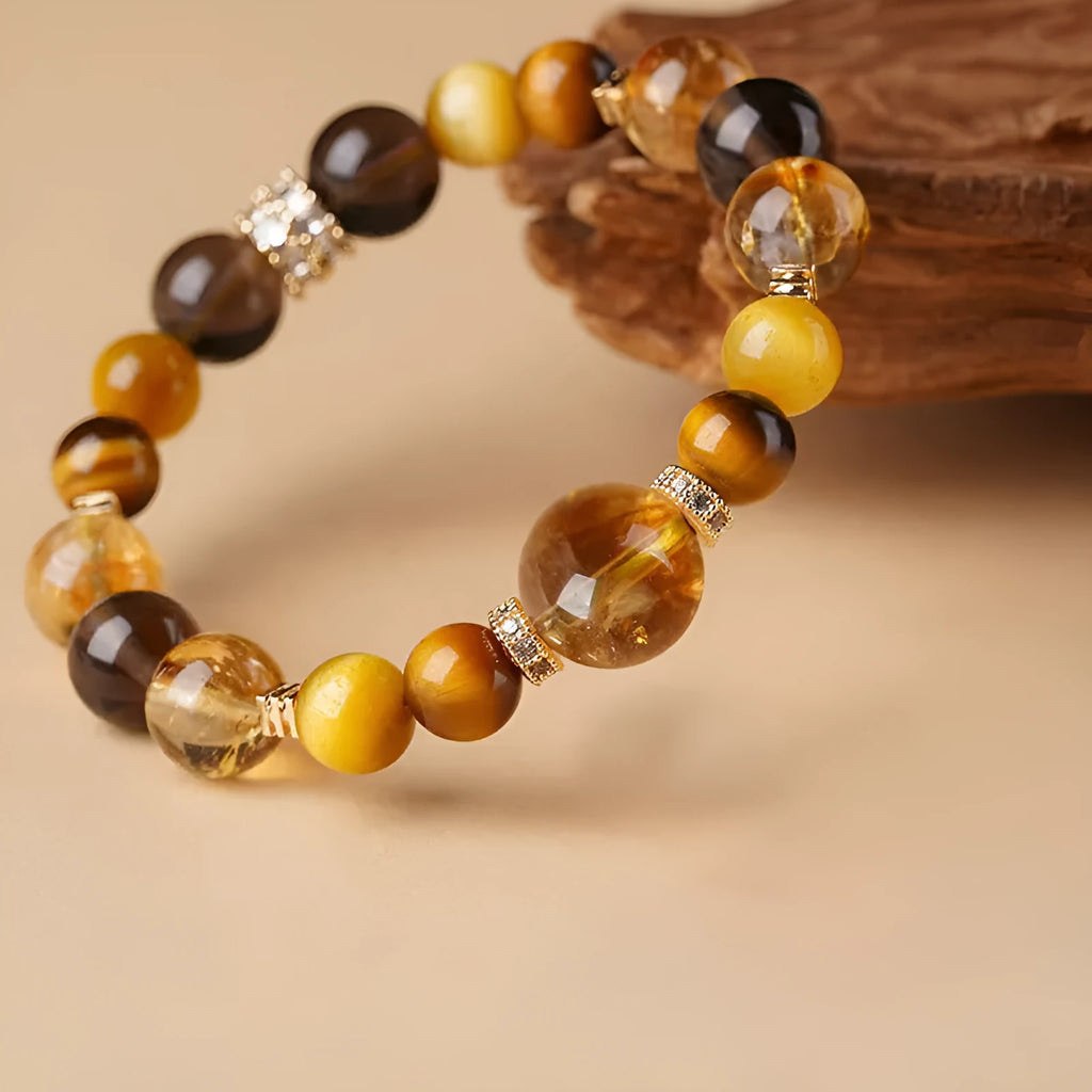 Yellow tower geometry tiger-eye crystal bracelet in 10mm and 12mm unisex sizes.