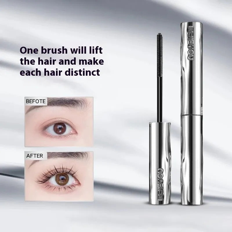 Waterproof black and brown mascara in a steel tube, shown with an optional eyelash curler.